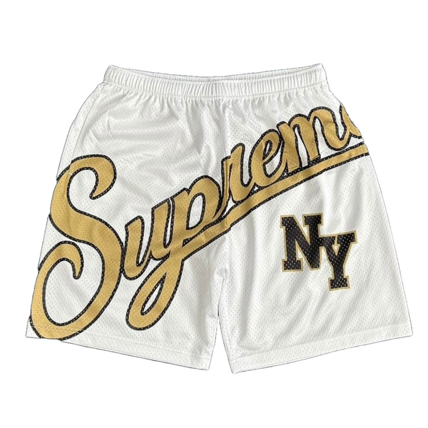White basketball script mesh shorts